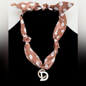 Polka Dot Silk Scarf Necklace with stamped Pendant